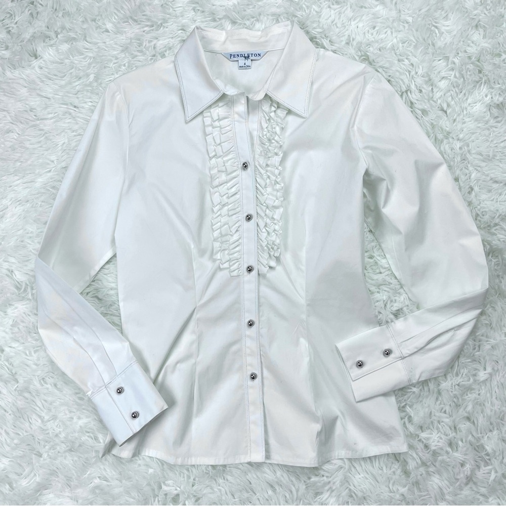 Pendleton White Ruffle Structured Button Down Blo… - image 2